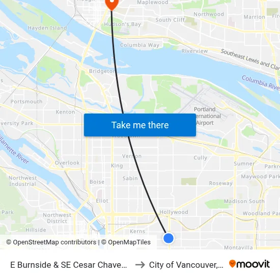 E Burnside & SE Cesar Chavez Blvd to City of Vancouver, WA map