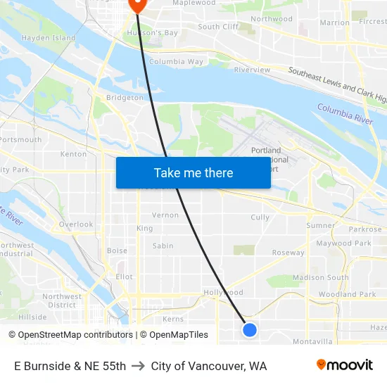 E Burnside & NE 55th to City of Vancouver, WA map