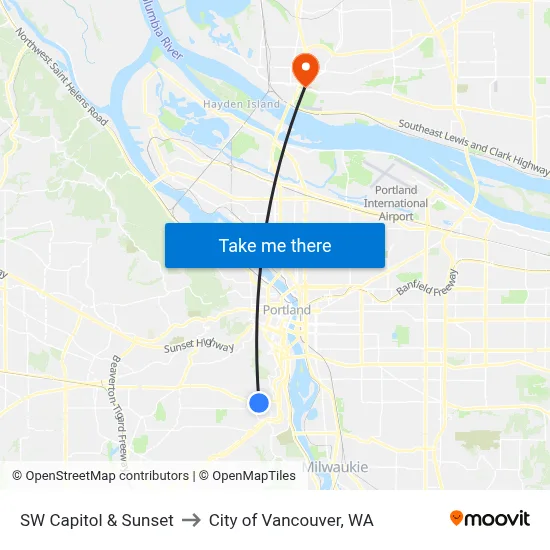 SW Capitol & Sunset to City of Vancouver, WA map