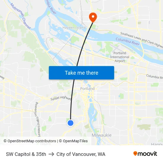 SW Capitol & 35th to City of Vancouver, WA map