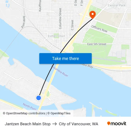 Jantzen Beach Main Stop to City of Vancouver, WA map