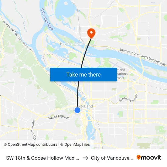 SW 18th & Goose Hollow Max Station to City of Vancouver, WA map