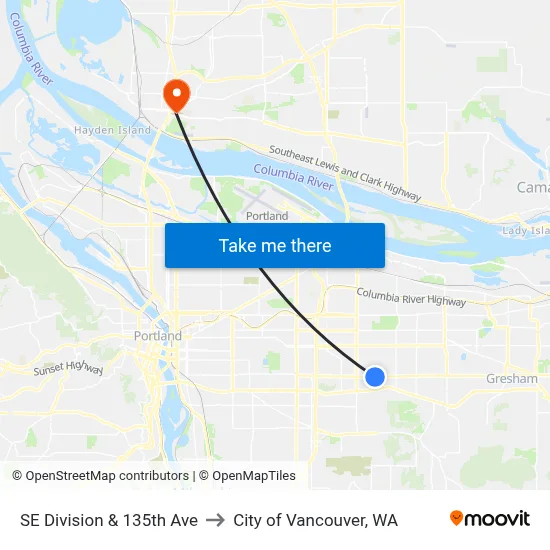 SE Division & 135th Ave to City of Vancouver, WA map