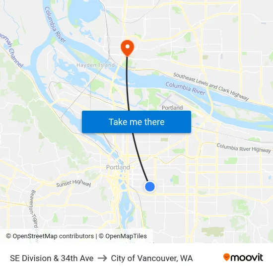 SE Division & 34th Ave to City of Vancouver, WA map