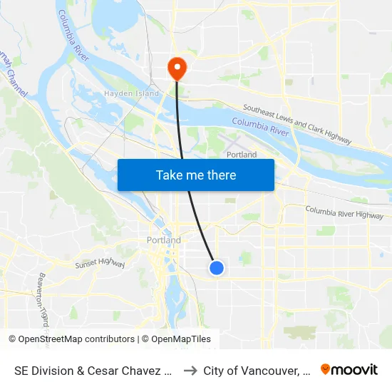 SE Division & Cesar Chavez Blvd to City of Vancouver, WA map