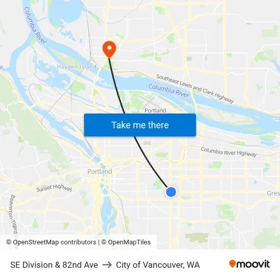 SE Division & 82nd Ave to City of Vancouver, WA map
