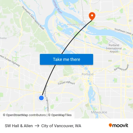 SW Hall & Allen to City of Vancouver, WA map
