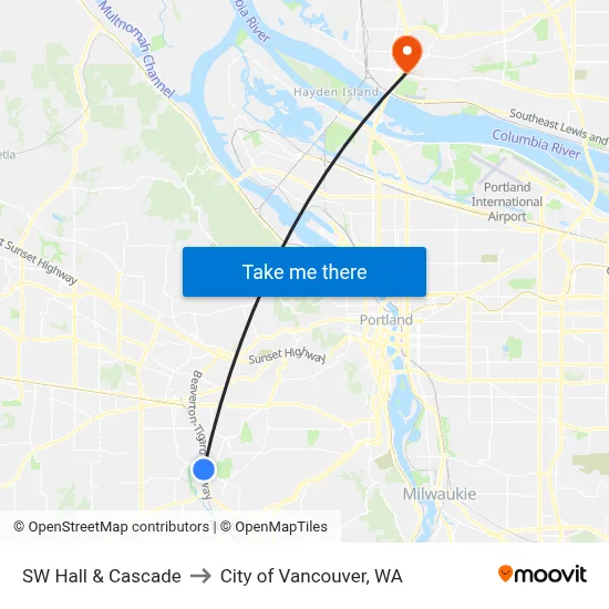 SW Hall & Cascade to City of Vancouver, WA map