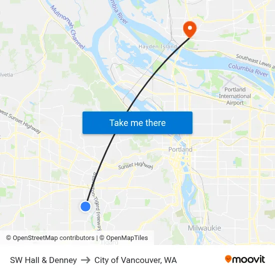 SW Hall & Denney to City of Vancouver, WA map