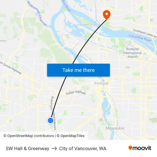 SW Hall & Greenway to City of Vancouver, WA map