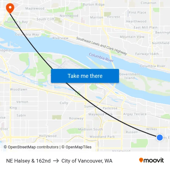 NE Halsey & 162nd to City of Vancouver, WA map