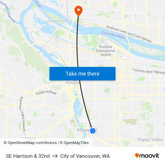 SE Harrison & 32nd to City of Vancouver, WA map
