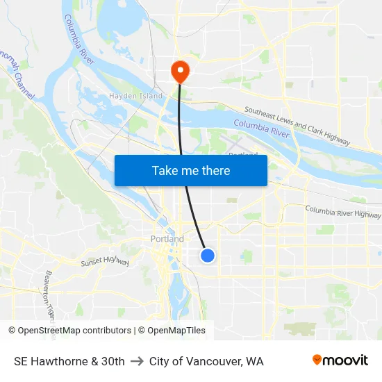 SE Hawthorne & 30th to City of Vancouver, WA map
