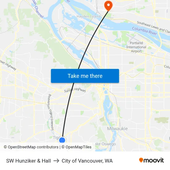 SW Hunziker & Hall to City of Vancouver, WA map