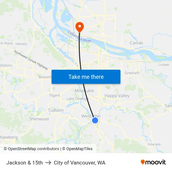 Jackson & 15th to City of Vancouver, WA map