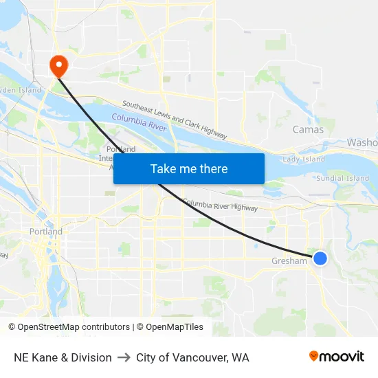 NE Kane & Division to City of Vancouver, WA map