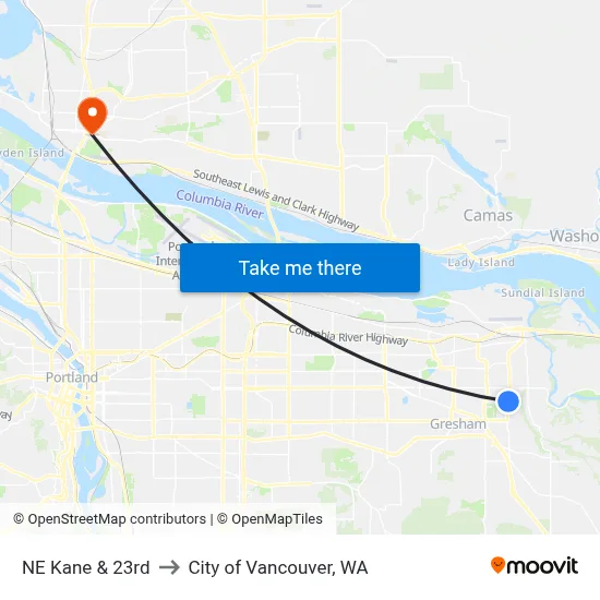 NE Kane & 23rd to City of Vancouver, WA map