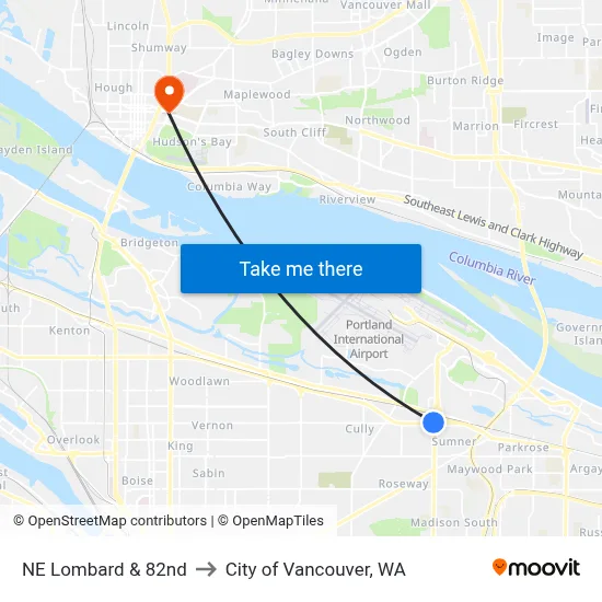 NE Lombard & 82nd to City of Vancouver, WA map