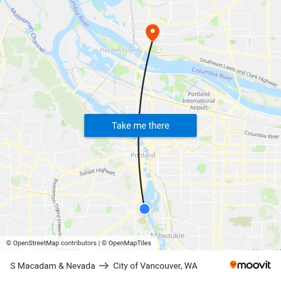 S Macadam & Nevada to City of Vancouver, WA map