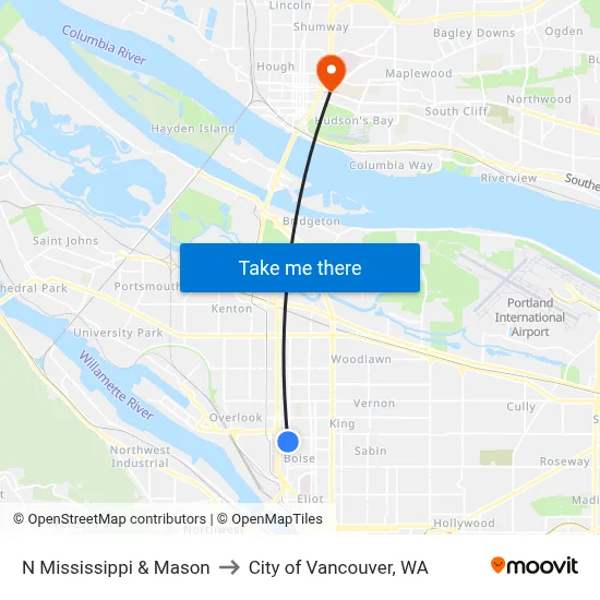 N Mississippi & Mason to City of Vancouver, WA map