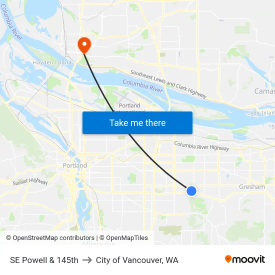 SE Powell & 145th to City of Vancouver, WA map