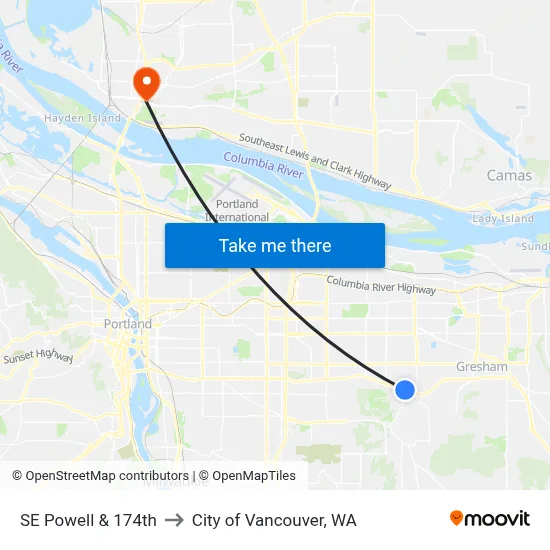 SE Powell & 174th to City of Vancouver, WA map
