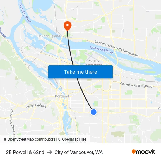 SE Powell & 62nd to City of Vancouver, WA map