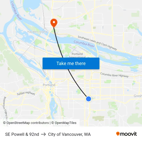 SE Powell & 92nd to City of Vancouver, WA map
