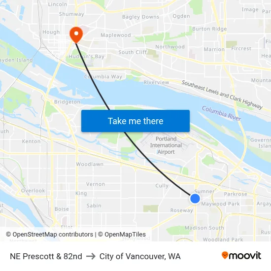 NE Prescott & 82nd to City of Vancouver, WA map