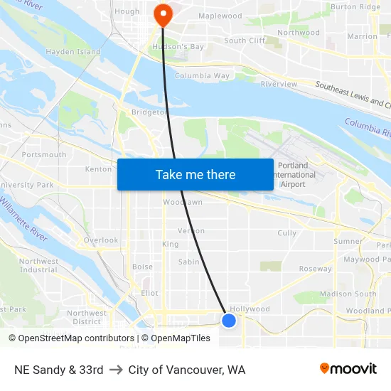 NE Sandy & 33rd to City of Vancouver, WA map