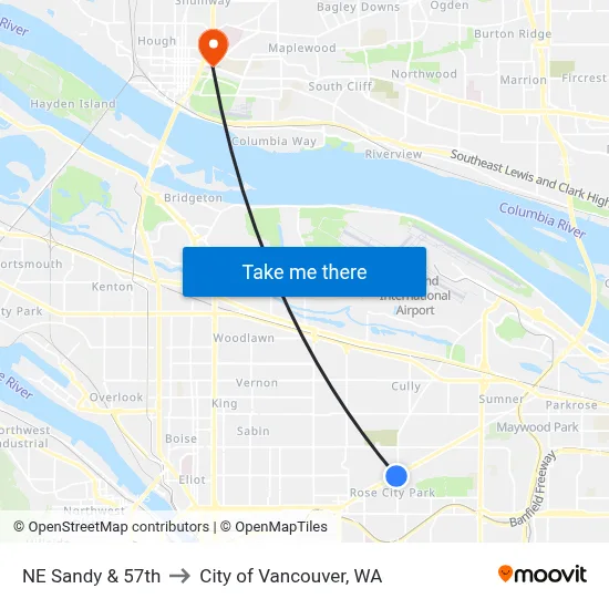 NE Sandy & 57th to City of Vancouver, WA map