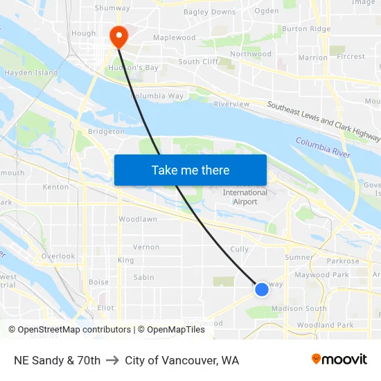 NE Sandy & 70th to City of Vancouver, WA map
