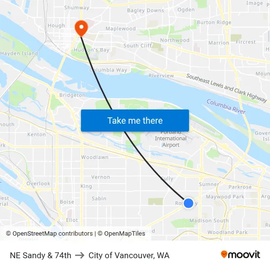NE Sandy & 74th to City of Vancouver, WA map