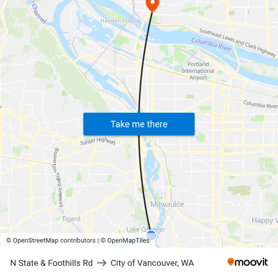 N State & Foothills Rd to City of Vancouver, WA map