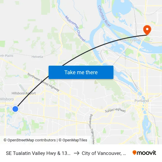 SE Tualatin Valley Hwy & 13th to City of Vancouver, WA map