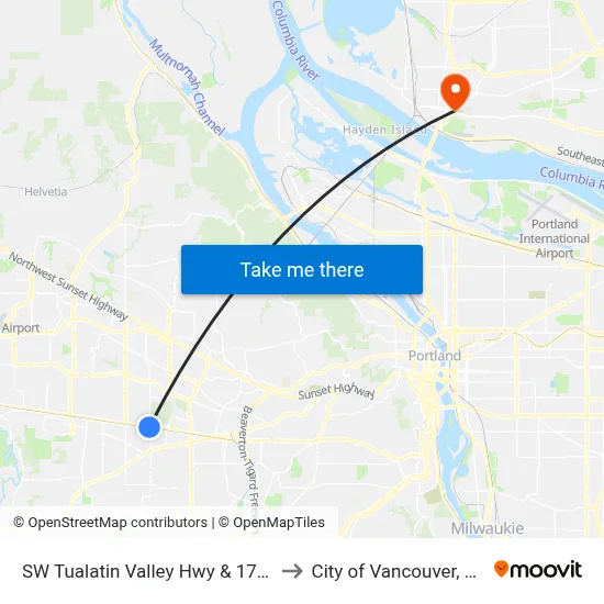 SW Tualatin Valley Hwy & 170th to City of Vancouver, WA map