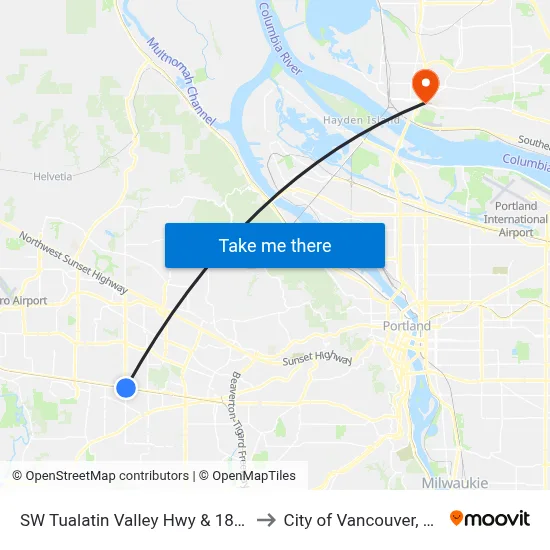 SW Tualatin Valley Hwy & 185th to City of Vancouver, WA map