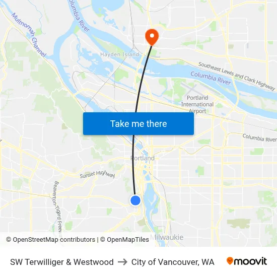 SW Terwilliger & Westwood to City of Vancouver, WA map
