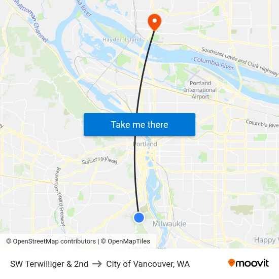 SW Terwilliger & 2nd to City of Vancouver, WA map