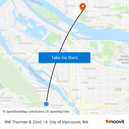 NW Thurman & 32nd to City of Vancouver, WA map