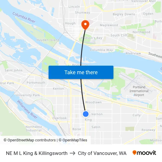 NE M L King & Killingsworth to City of Vancouver, WA map