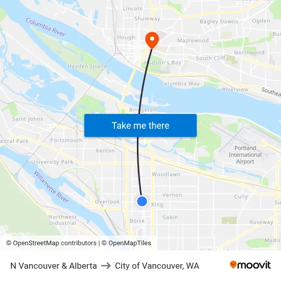 N Vancouver & Alberta to City of Vancouver, WA map