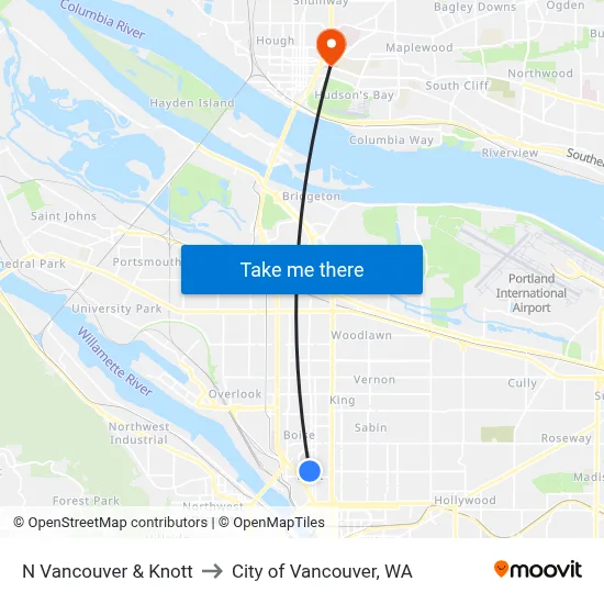 N Vancouver & Knott to City of Vancouver, WA map