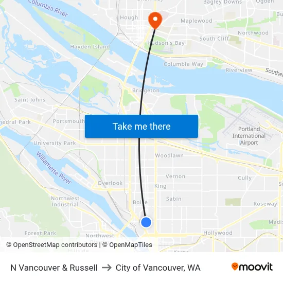 N Vancouver & Russell to City of Vancouver, WA map