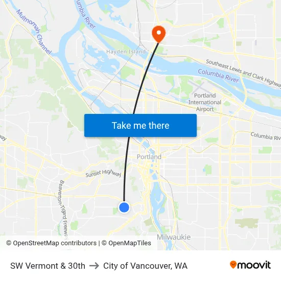 SW Vermont & 30th to City of Vancouver, WA map
