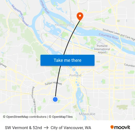 SW Vermont & 52nd to City of Vancouver, WA map