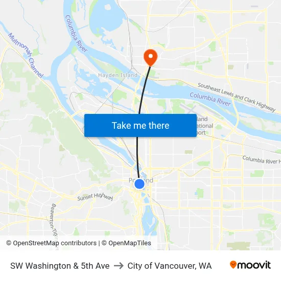 SW Washington & 5th Ave to City of Vancouver, WA map