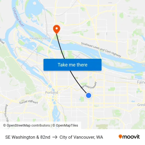 SE Washington & 82nd to City of Vancouver, WA map