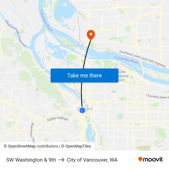 SW Washington & 9th to City of Vancouver, WA map