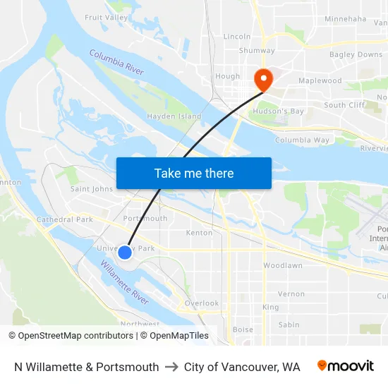 N Willamette & Portsmouth to City of Vancouver, WA map